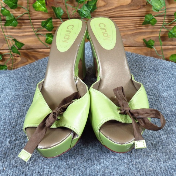 Cindy Womens Platform Mule Heels Size 10 Green Leather Bow Open Toe Chunky Heel - Picture 2 of 6